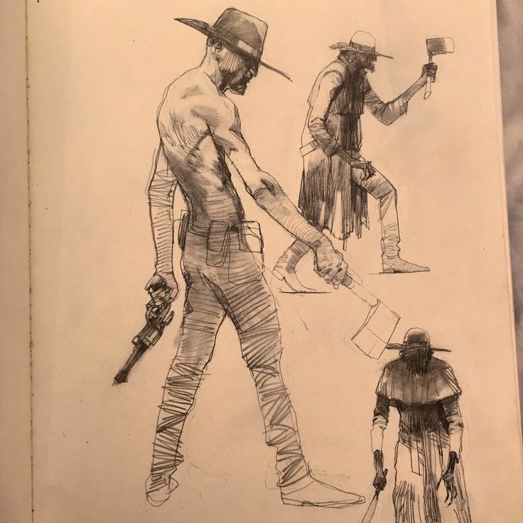 a pencil sketch of three men in different poses, all wearing cowboy hats. the man on the left is holding a gun, the man in the middle is holding an axe, and the man on the right is standing with his hands at his sides. the sketch is done in a realistic style and captures the action and movement of the figures.
