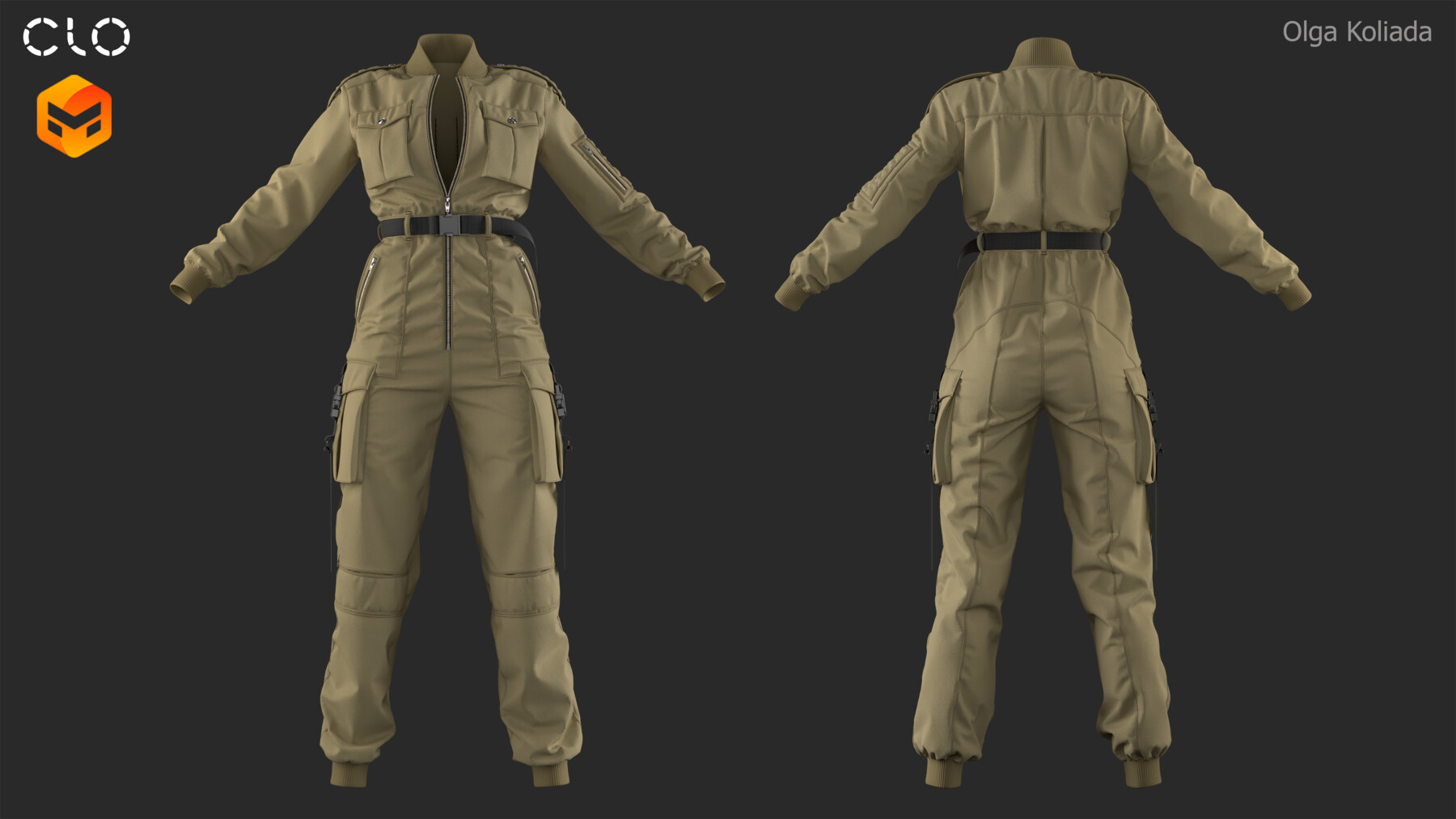 a front and back view of a female model wearing a khaki cargo jumpsuit.  the jumpsuit is longsleeved with a zipper and a belt at the waist.  there are large pockets on the sides of the legs. the model is standing in a studio with a gray background.