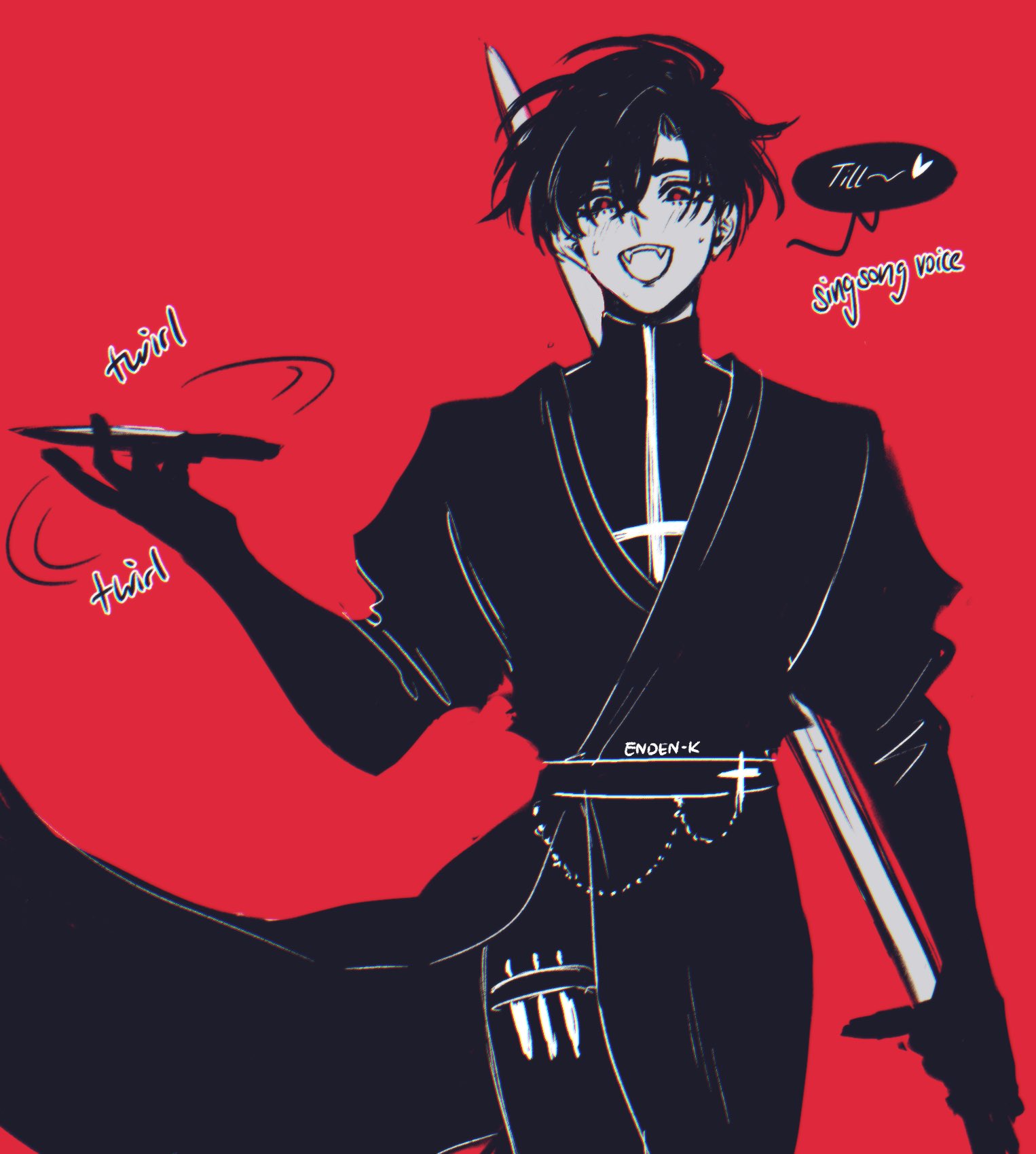 this is a digital drawing of a male anime character. he is wearing a black and white outfit with a cross and chains. he has black hair and red eyes. he is holding a knife and a sword. the background is red. the overall style of the image is goth.