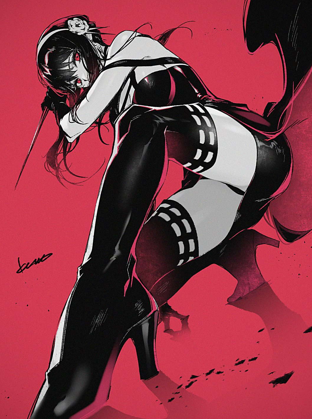 a fullbody anime illustration of yor forger from spy x family, depicted in a dynamic pose with a knife. she is wearing a black dress and black heels, with black hair and distinctive red eyes, against a red background.