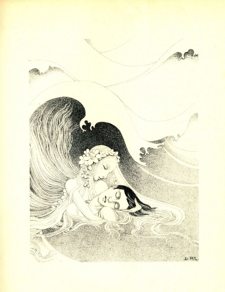 a black and white illustration depicts a mermaid embracing a sleeping man amidst stylized waves. the mermaid, with long flowing hair adorned with a flower crown, gazes down at the man with a gentle expression. they are surrounded by stylized, rolling waves that fill the background. the overall style is reminiscent of art nouveau.