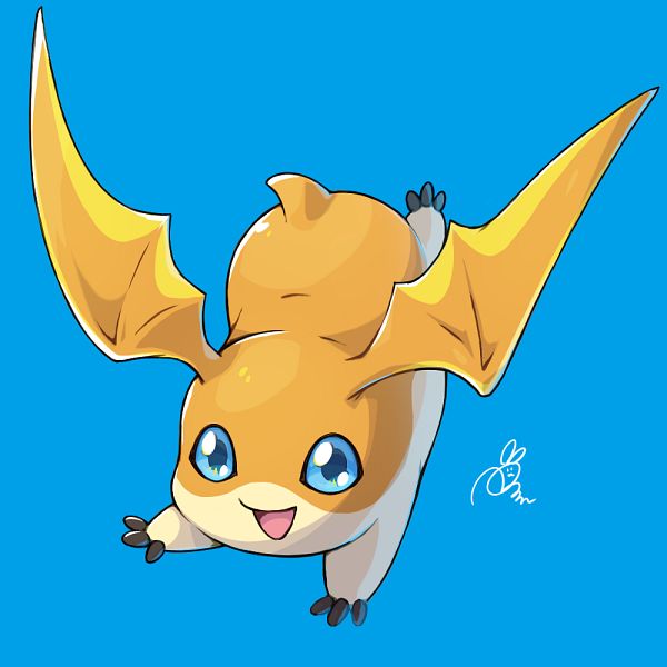 a cartoon drawing of patamon, an orange digimon with large, yellow wings, is depicted in midflight against a vibrant blue background. it has expressive blue eyes, a small black nose, and a cheerful open mouth. the lighting is soft, giving the image a gentle and approachable feel. the style of the drawing is reminiscent of anime and manga, with exaggerated features and vibrant colors. the overall impression is one of cuteness and playfulness.