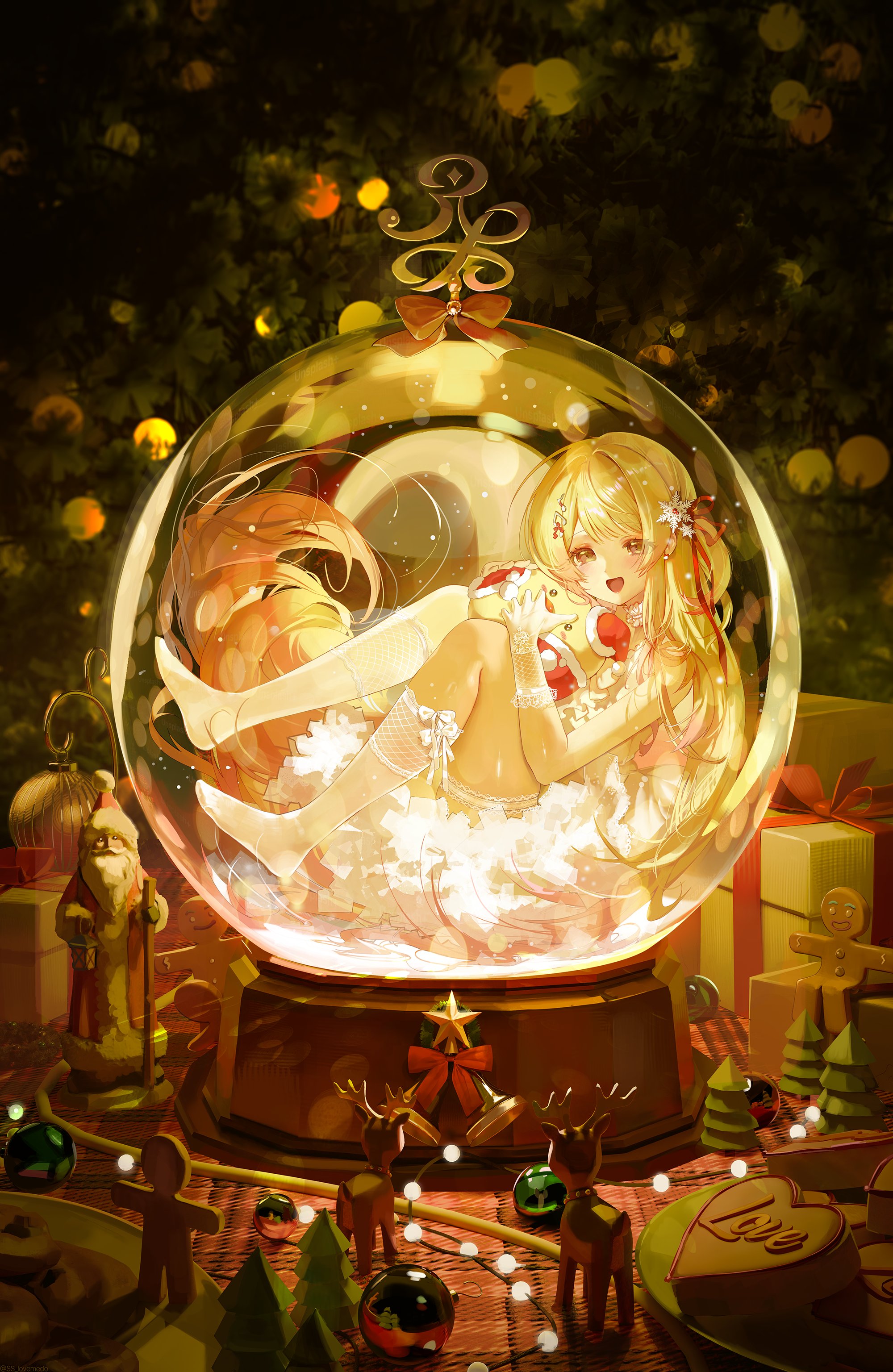 an anime girl with blonde hair and fair skin is lying inside a snow globe, wearing a white dress and thighhigh socks. the snow globe is surrounded by christmas decorations, including presents, a gingerbread man, a santa claus figurine, reindeer, a christmas tree, ornaments, lights, and bows.