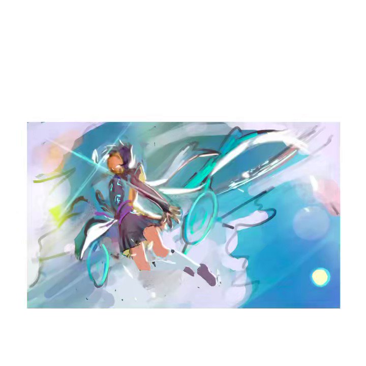 the image depicts an anime girl flying through the air with a blue and white background of clouds and sky. she is wearing a purple and green outfit and her hair is long and flowing. the image is painted in a digital style and has a sense of motion and speed.