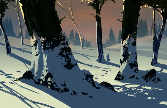 a lone figure walks through a snowy forest at dusk. the figure is wearing a dark cloak and is walking towards the right side of the image. the trees are tall and slender, and the snow is deep and powdery. the sky is a deep bluegray, and the setting sun is casting a warm glow on the horizon.