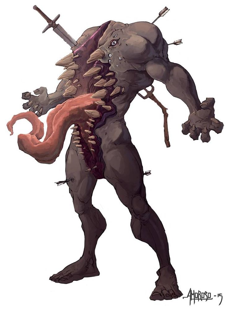 this image shows a monstrous, grotesque, and frightening humanoid creature. the creature has a large, gaping maw full of sharp teeth, a long, fleshy tongue, and a body that has been ripped open and is covered in wounds and scars. the creature appears to be dead or dying. there is a sword embedded in its back and multiple arrows protruding from its body. the creature is standing in a menacing pose, its claws outstretched, as if about to attack. the overall impression is of a monstrous and nightmarish being. the creature’s appearance is very unsettling. the artist has depicted the creature in great detail, making it look extremely realistic and frightening. the creature’s grotesque features are designed to evoke feelings of revulsion and fear in the viewer.