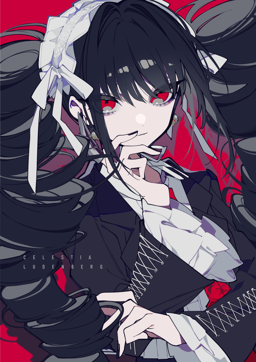 the image is an anime illustration of celestia ludenberg, a character from the danganronpa series. she has long black hair styled in pigtails tied with white ribbons, and striking red eyes. she is wearing a gothicstyle dress with lace details and a ruffled white shirt. her fingers are raised to her mouth in a thoughtful or seductive pose. the background is a solid red color, which makes her stand out.