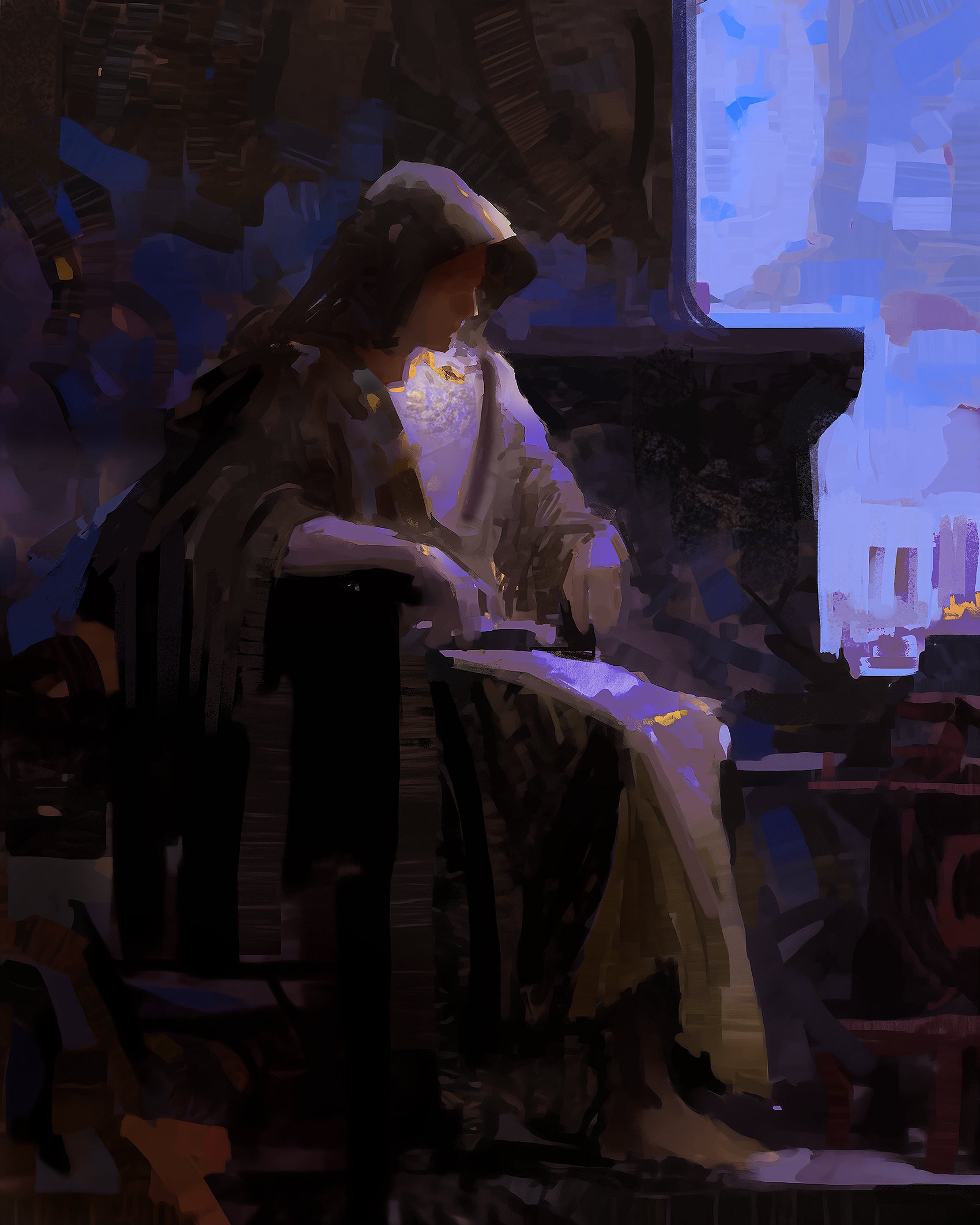 a woman in a hooded cloak sits on a throne in a dark room. the woman is in shadow and the room is dimly lit, casting long shadows. the background is a  blue, blurry image of a distant city. the painting has a dark and mysterious feel to it.