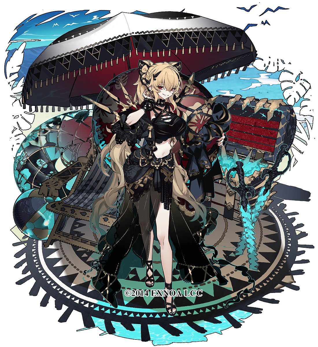 a blonde anime girl with cat ears stands confidently in the center of the image, dressed in an intricate black beach outfit. she accessorizes with gold jewelry and her outfit features flowing fabric. behind her sits a beach chair draped with an elaborately patterned black and red fabric. a large beach umbrella with similar patterns provides shade. the overall color palette leans towards a black, gold, and turquoise scheme, creating a striking visual. the style is reminiscent of anime character design with exaggerated features and vibrant colors.