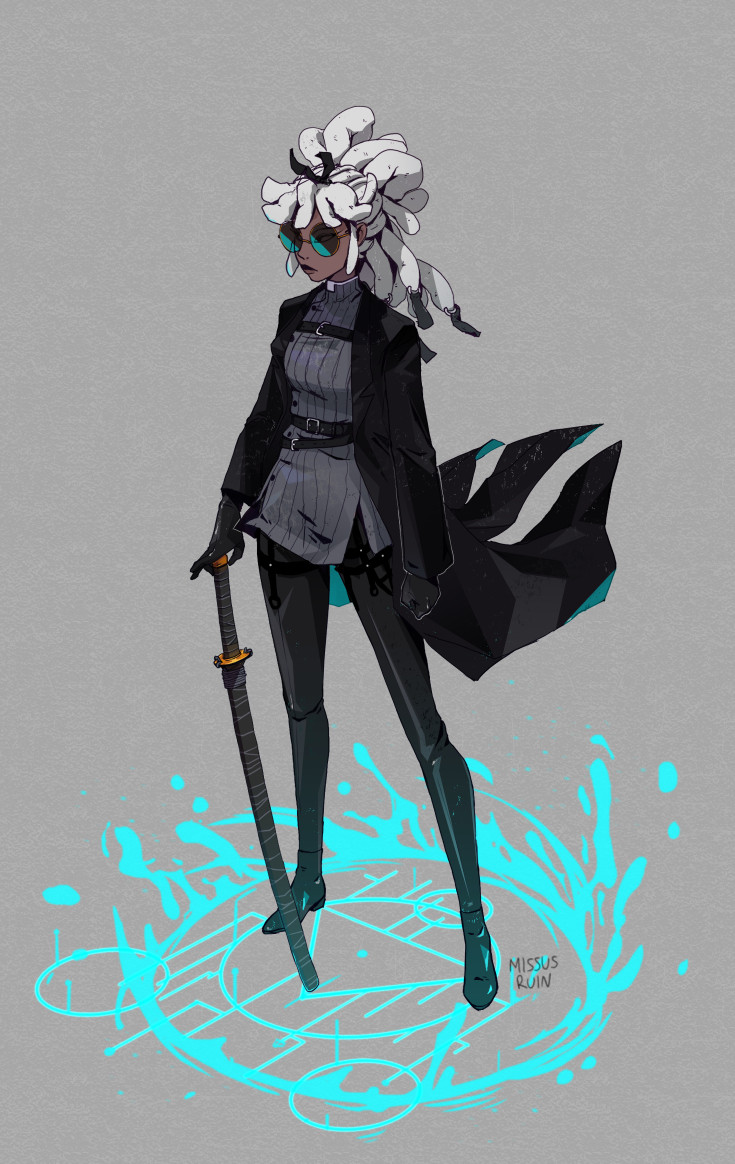 the image is a digital illustration of a stylish female character, possibly from a fantasy or scifi setting. she has long white braided hair resembling dreadlocks, wears sunglasses, a dark coat, and black boots.  she's holding a katana, and stands within a glowing teal magic circle, suggesting magical abilities or a ritual. the art style is reminiscent of anime and manga, with a blend of sleek and sharp lines with a touch of whimsical splash effects around the magic circle. the overall mood is one of power and mystery. the artist's signature, "missus ruin," is visible in the bottom right corner.
