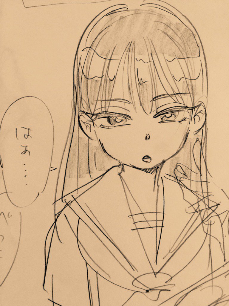 the image is a black and white drawing of a young girl, possibly an anime or manga character, wearing a sailorstyle school uniform. she has long, dark hair with bangs and large, expressive eyes. a speech bubble next to her face suggests she is about to speak. the style of the drawing is loose and sketchy, giving it a sense of movement and life.