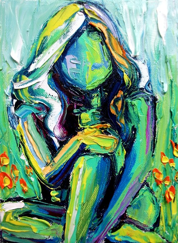 a colorful abstract oil painting of a woman sitting, with thick brushstrokes and impasto, depicting an impressionistic and expressive style. the colors are vibrant and bold, dominated by greens, blues, yellows, and oranges. the woman's face is partially obscured, giving the portrait an air of mystery. the background is filled with flowers.
