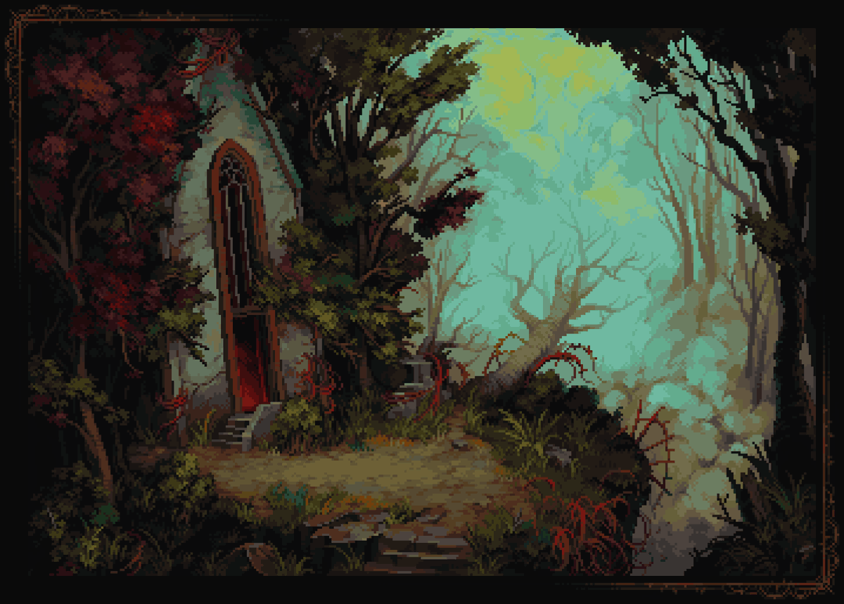 this pixel art image depicts a dark and mysterious forest scene. a small, weathered chapel with a red door stands on the left, partly overgrown with vines and surrounded by trees with reddish foliage. a path leads towards the chapel. the forest in the background is shrouded in fog, with bare trees and a general sense of gloom. the style is reminiscent of classic pixel graphics, with a limited color palette and a detailed, atmospheric feel.
