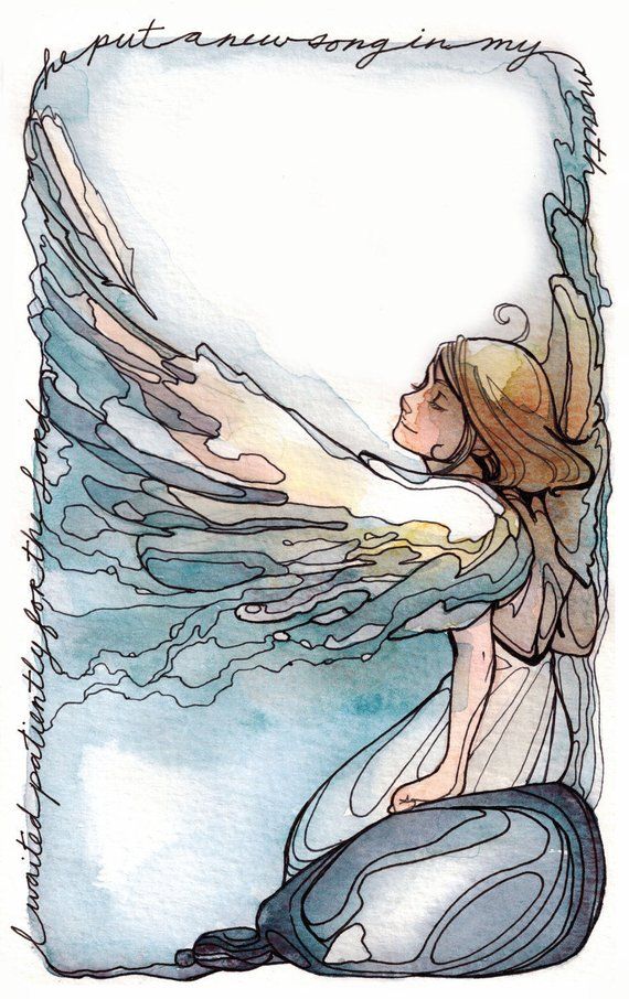a watercolor illustration depicting an angel kneeling on a rock. the angel has stylized wings with a flowing, watery appearance. the angel has fair skin and light brown hair with a golden halo. the text "he put a new song in my mouth" wraps around the top of the image, while "i waited patiently for the lord" runs down the left side. the overall feeling of the image is serene and hopeful.