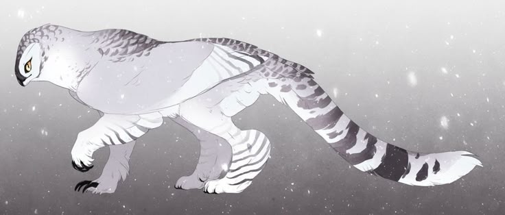 a fantasy creature with a head and upper body resembling an owl, and a lower body with mammalian legs and a long striped tail. the creature is illustrated in shades of gray, white, and black against a snowy background.