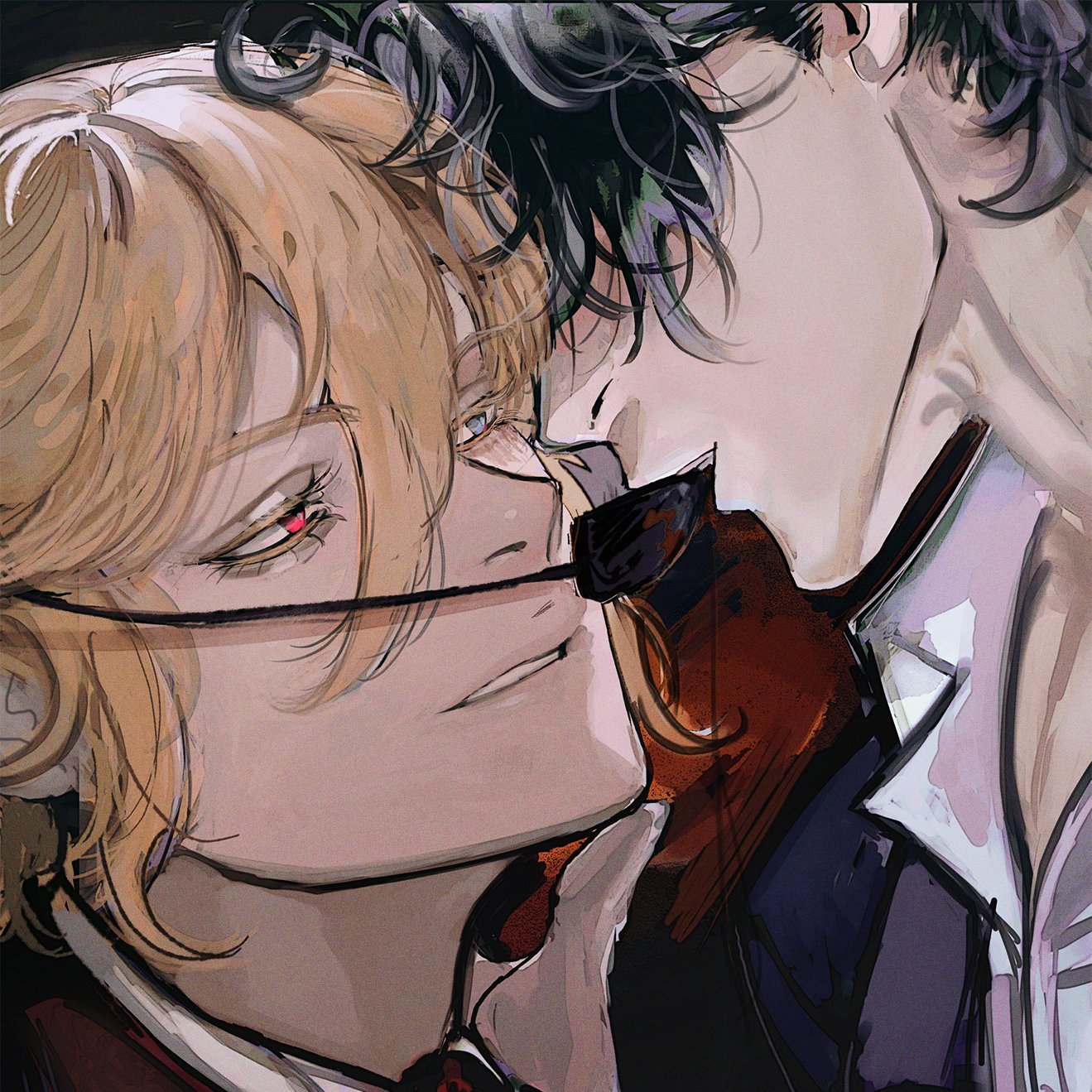 an illustration of two anime boys in a close up of their faces. the boy with dark hair is leaning
