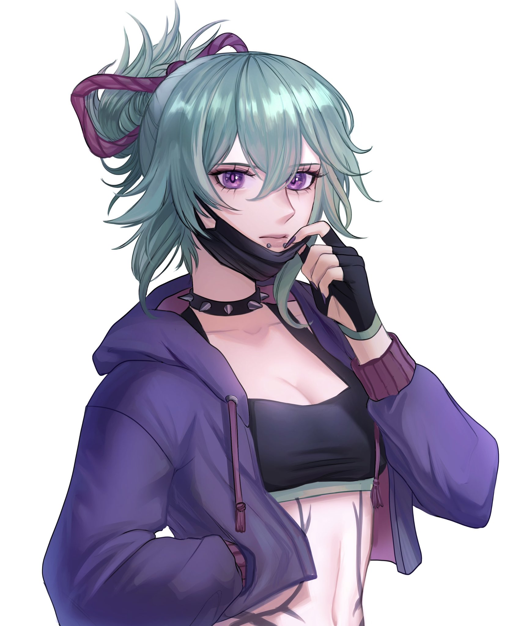 the image features an anime girl with long, green hair pulled back in a ponytail. she has bright purple eyes and is wearing a black face mask. she's dressed in a casual yet edgy outfit with a purple hoodie and a black sports bra. she looks cool and confident, like a badass punk. the image is drawn in a colorful and stylized anime style.