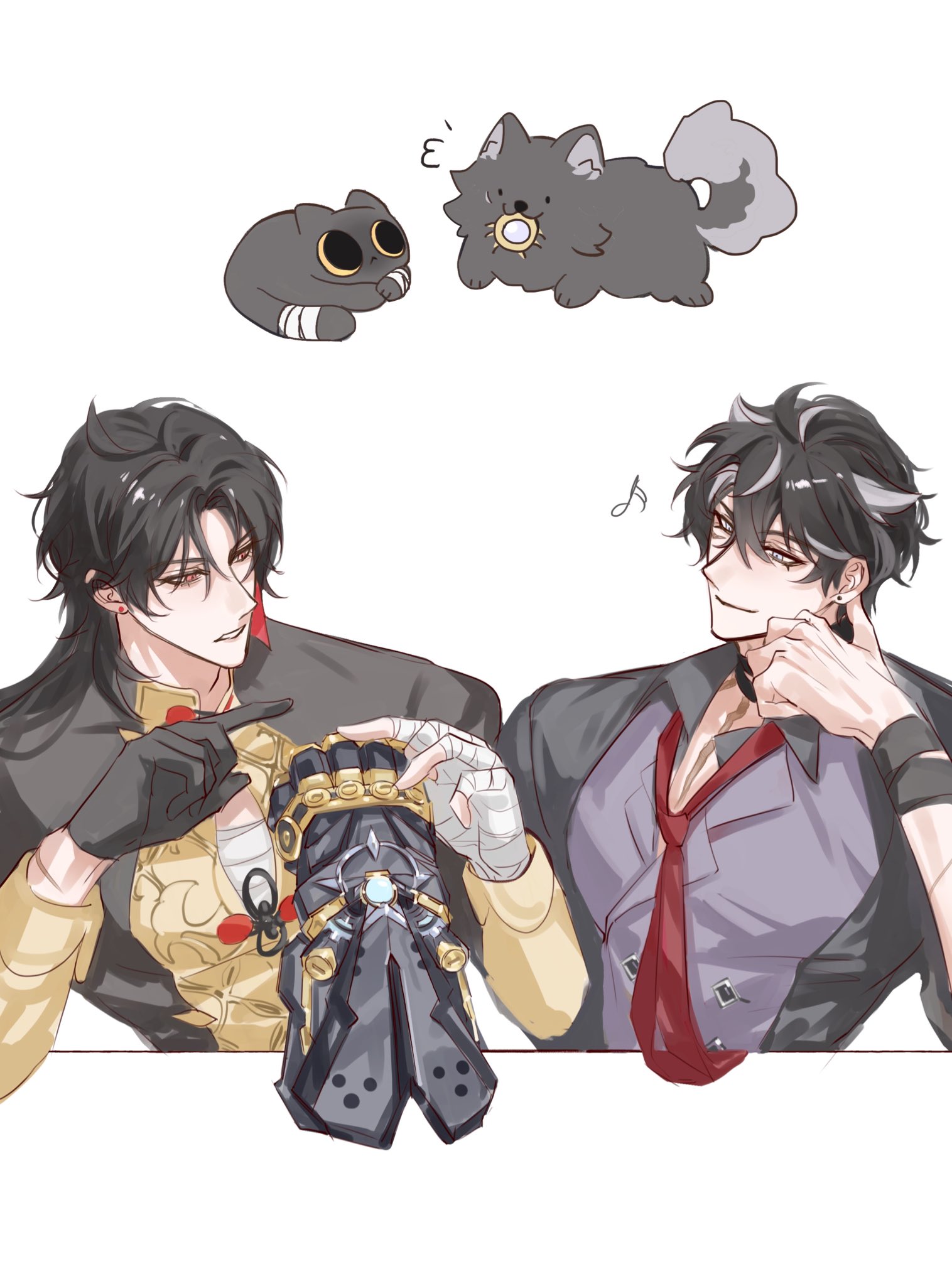 an illustration of two anime/manga men sitting at a table. the man on the left is pointing to a gadget in his hand while the man on the right is looking at it with a relaxed expression. there is a cat and a dog in the background of the illustration.