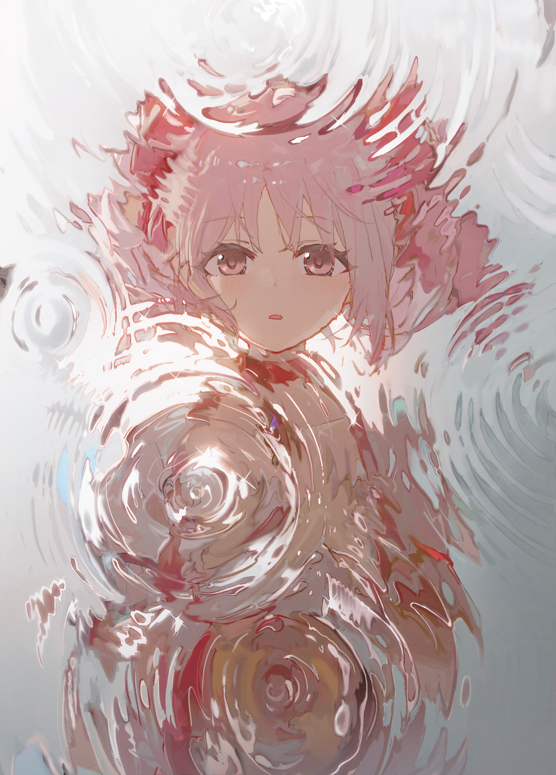 an animestyle drawing of a young girl with pink hair and large, expressive eyes, distorted by the reflection and ripples of water. her expression is somewhat sad or thoughtful. the artwork is stylized with a focus on the water's surface and the way it distorts the image of the girl.