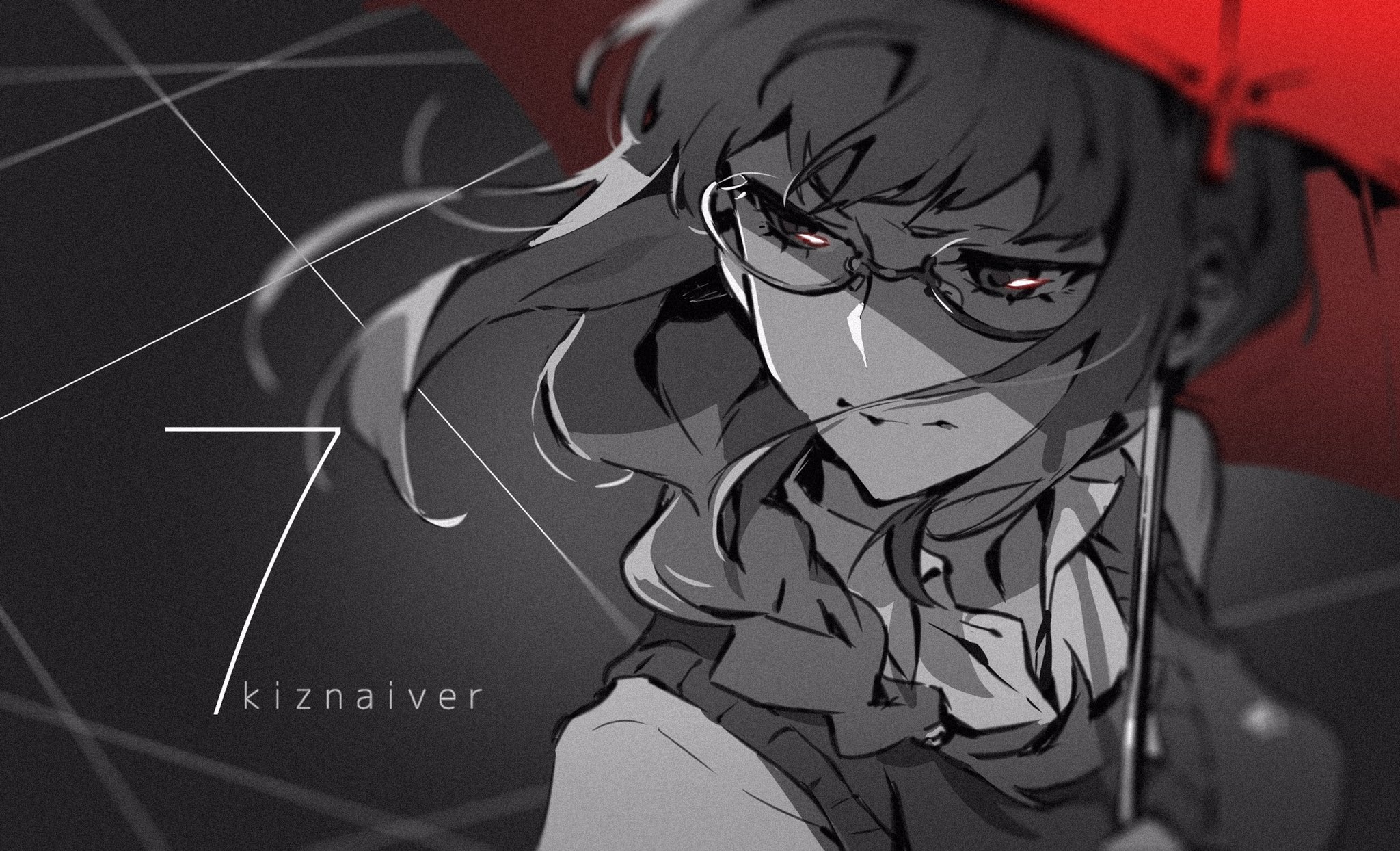 the image features a stylized portrait of a young woman with short hair and glasses.  the style is reminiscent of japanese animation and comics. the color palette is primarily grayscale, with a single pop of red in the umbrella she holds over her shoulder. her expression is serious, perhaps determined, with her eyes catching the light. this, combined with the dramatic shadows cast across her face, adds an air of intensity to the image. the background is a stylized urban environment suggested by geometric lines, likely depicting a rainy city street.