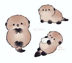 the image is an illustration of three cute baby sea otters. they are all drawn in a cartoon style, with big eyes, fluffy fur, and small noses. one otter is sitting up with its paws crossed, another is lying down with its bottle of milk, and the third otter is standing up and is looking at the viewer. the background of the image is white. the image is cute and playful, and it is sure to bring a smile to anyone's face.
