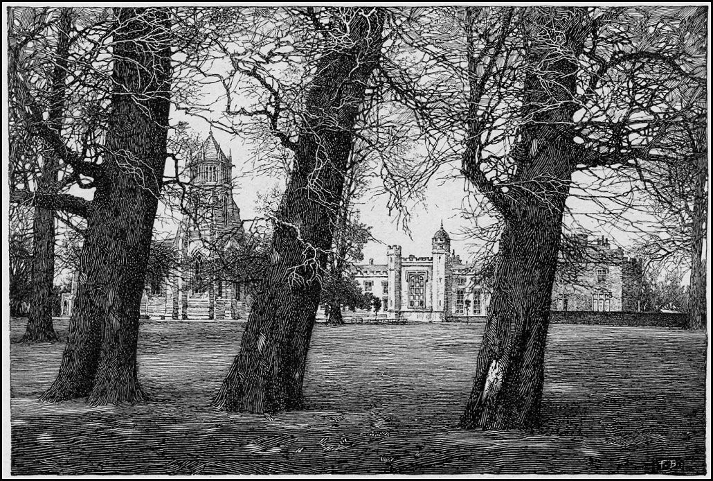 this striking black and white engraving or woodcut depicts a tranquil winter scene.  dominating the foreground are the thick, gnarled trunks and bare branches of several large trees, their textures meticulously rendered in fine lines.  the trees partially obscure the view of buildings in the midground – a stately, possibly castlelike structure, which appears to be of historical architectural design, and another building which may be a church, suggesting a historical or perhaps campus setting. the grass of the field between the trees and buildings shows delicate shading suggesting the texture of the ground.  the entire image is rendered with a high level of detail, providing a sense of depth and atmosphere reminiscent of classic printmaking.  the style is evocative of historical artistic techniques and suggests a vintage or antique aesthetic.