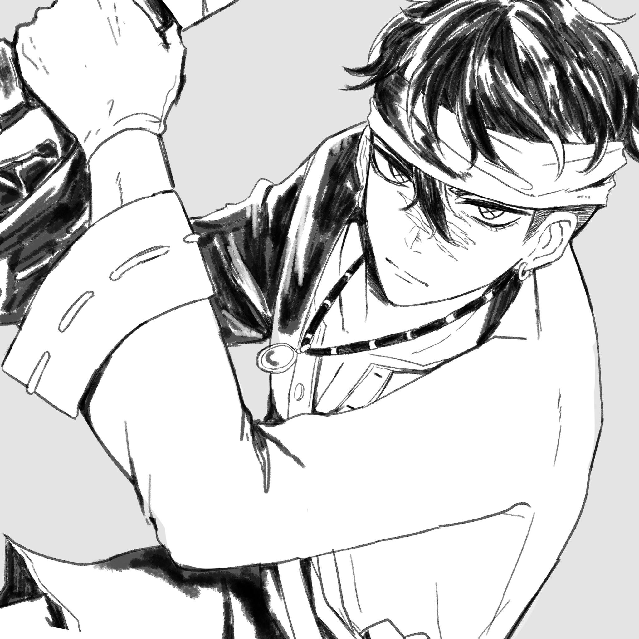 a black and white drawing of a young man in an anime/manga style. he is looking down at the viewer with a serious expression. he has a long sleeved shirt on with a necklace.  he's wearing an earring and holding a weapon with his hand.  the drawing is very detailed, and the character's facial expressions and body language make him look cool and confident.