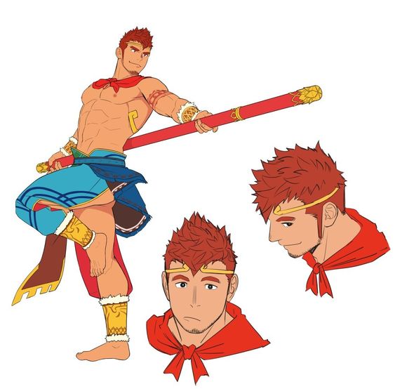 this illustration depicts a muscular, redhaired anime character, possibly based on sun wukong, the monkey king from chinese mythology. the character is holding a long, red staff, and is in a battleready pose, with one leg raised. he wears a gold headband, a blue and yellow loincloth, and a red scarf. the image also includes closeup shots of his head, showcasing different expressions. the artwork style is bold and vibrant, with a clear emphasis on action and power.