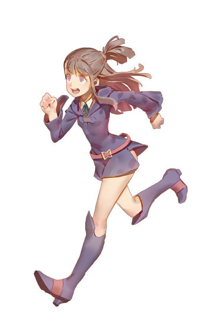 this is a digital illustration of an anime girl with long brown hair tied in a ponytail. she is wearing a purple outfit with a belt and boots, and she is running towards the right side of the image with a big smile on her face. she appears to be happy and energetic. the background is white.
