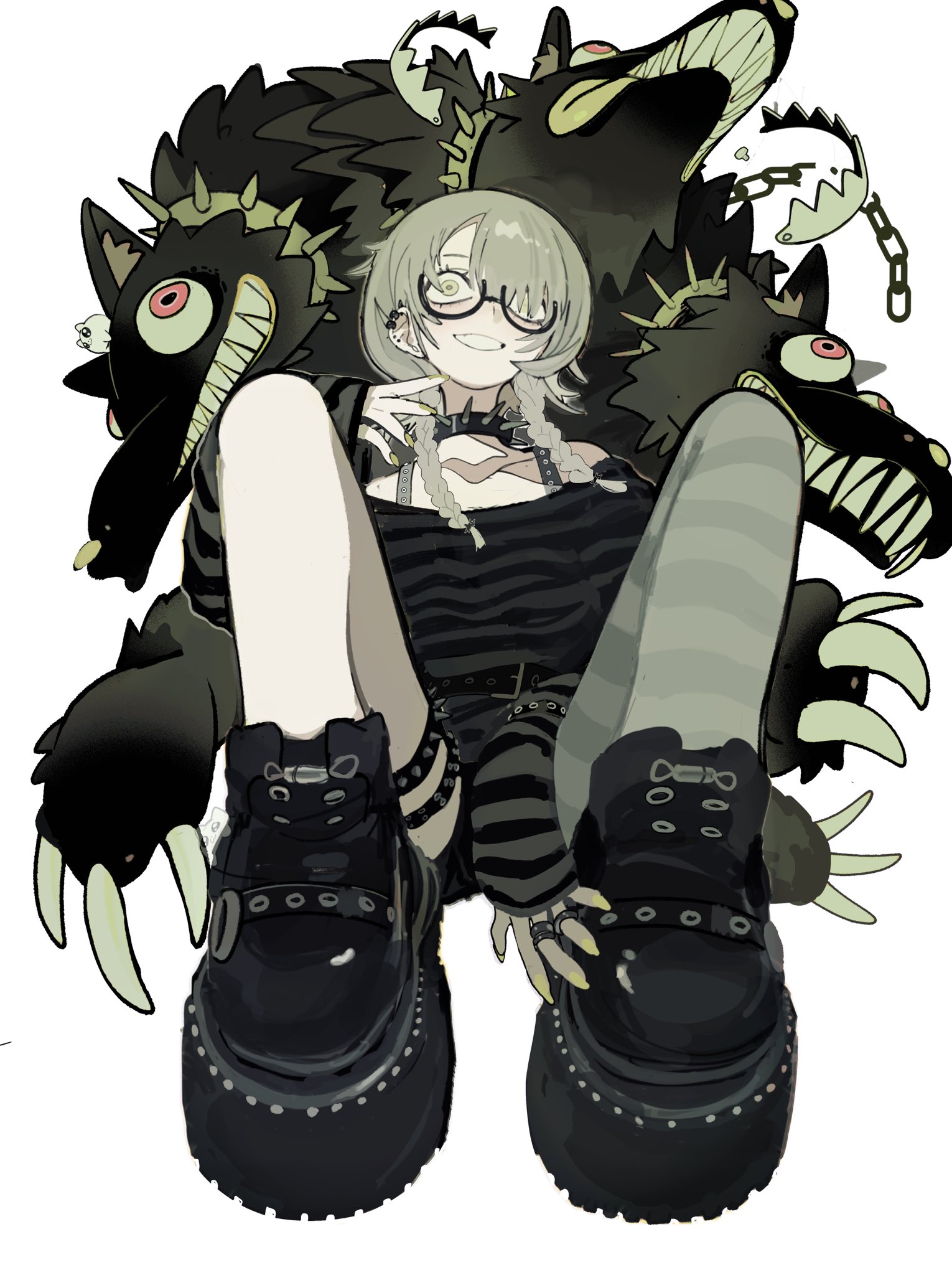 a digital illustration of a young anime girl with black hair, wearing black and white striped clothing, a black choker, and black platform boots, sitting on a green furry monster with claws and teeth, holding its neck with her hands, and smiling with sharp teeth. the monster is in a chained collar. the background is white. the image is done in a cartoon style.