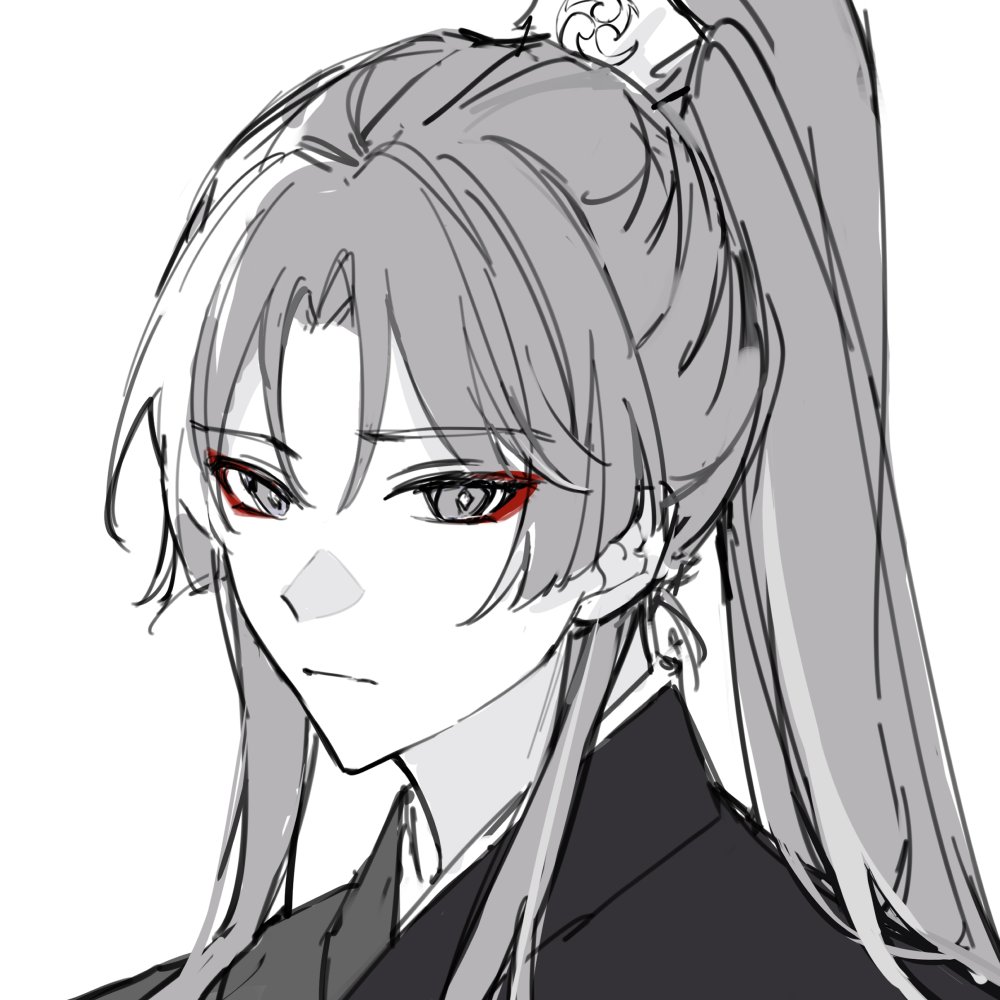 a black and white sketch of an anime character with red eyes and a serious expression. the character has long grey hair tied in a ponytail and is wearing a traditional japanese kimono with a high collar. the art style is simple and stylized, and the character's expression is somewhat brooding. the background is blank.