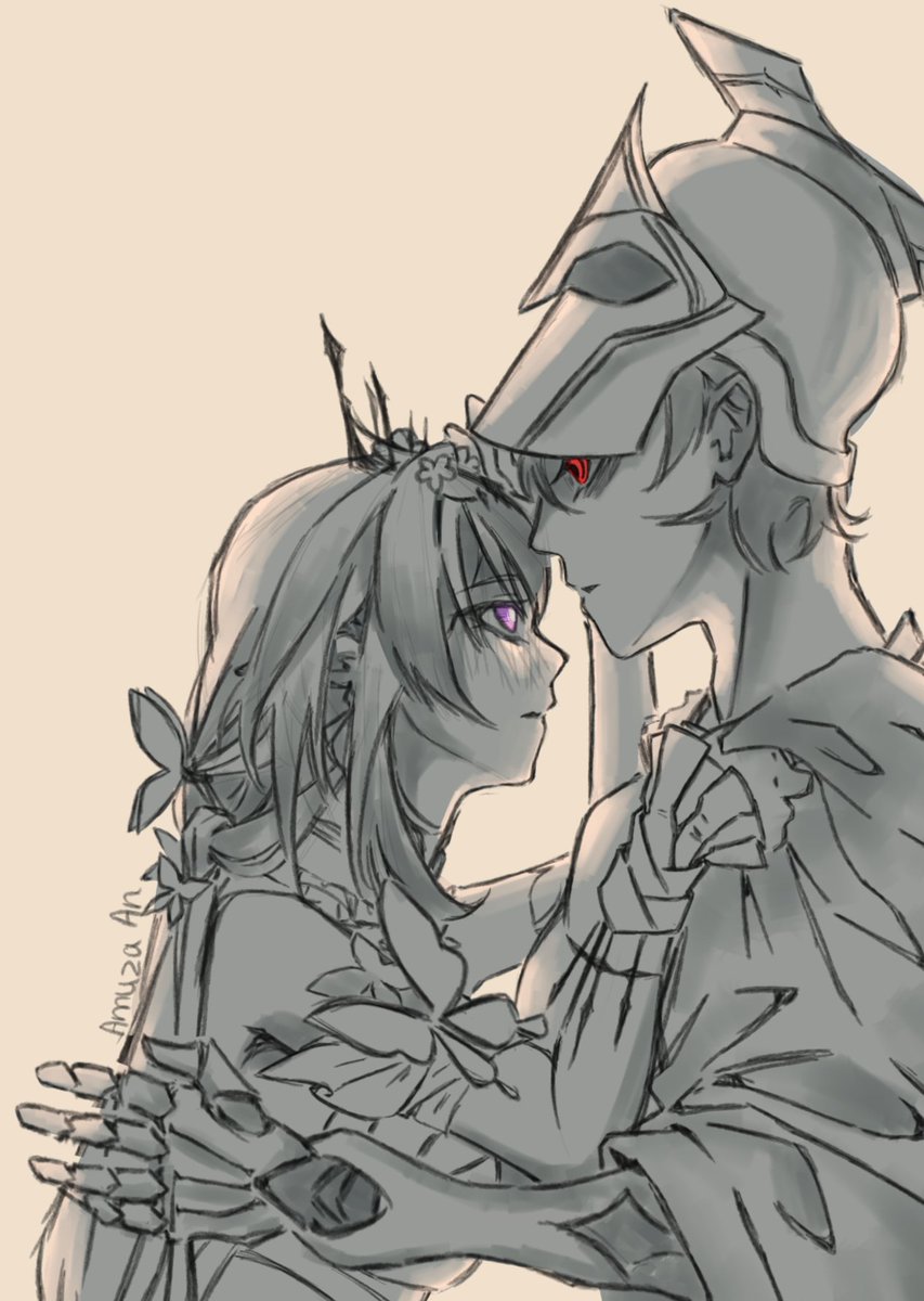 a sketchstyle fan art depicts nahida and pierro from genshin impact in an intimate embrace. nahida, with purple eyes, looks up at pierro, who has glowing red eyes. pierro wears a unique helmet. they are holding hands.
