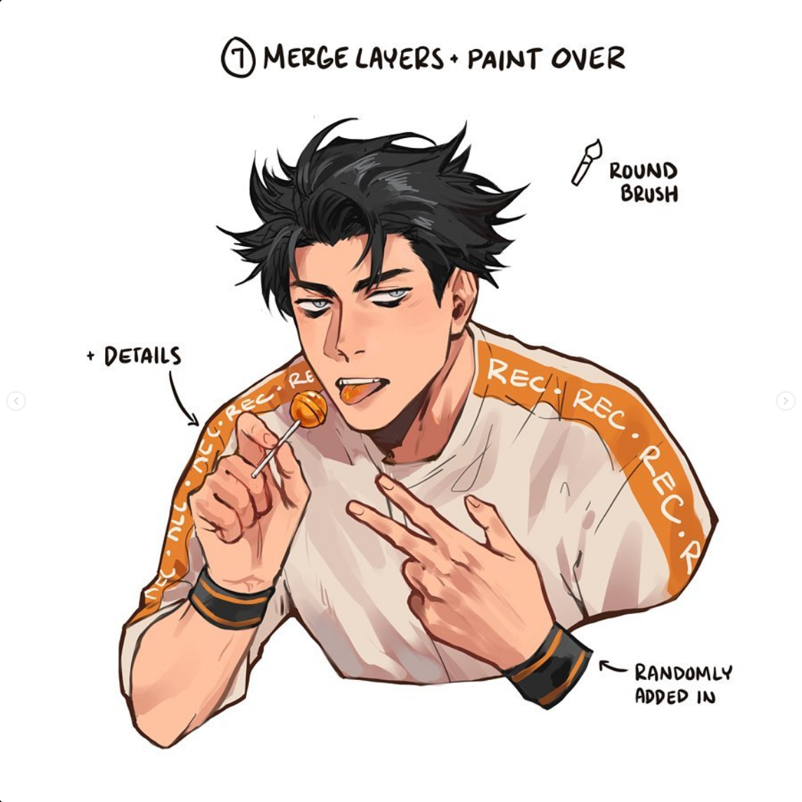this image is a digital illustration of a man with dark hair and a lollipop in his mouth. he is wearing a white shirt with an orange pattern and orange wristbands. the image includes text that describes a step in a digital art tutorial. the text indicates to "merge layers and paint over" and to use a "round brush." there are also arrows pointing to details in the illustration, such as the randomly added elements and the details on the shirt.