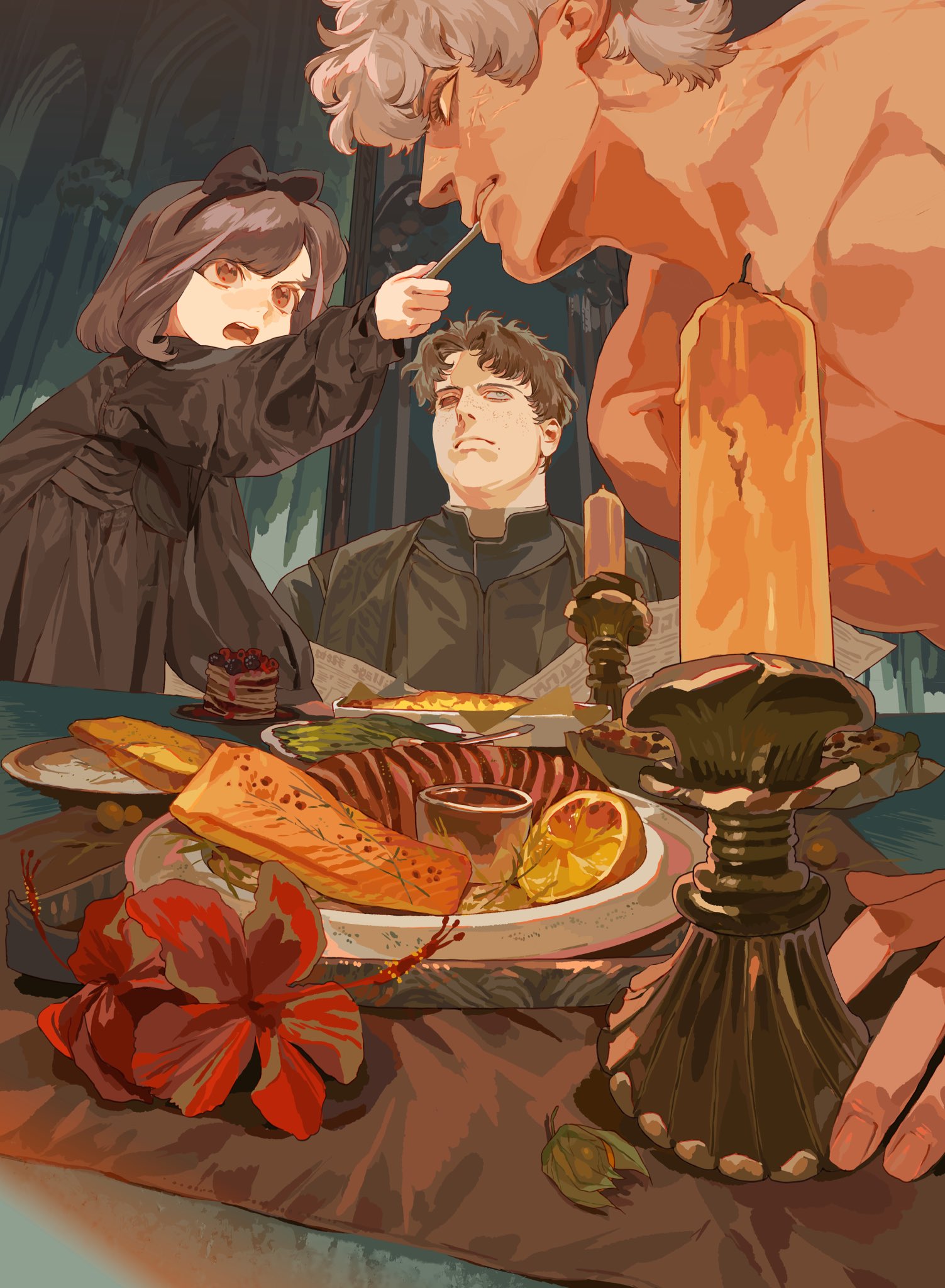 the image is a digital artwork depicting a gothicfantasythemed dinner scene. a young child in a black dress is feeding a thin stick of food to a large, possibly monstrous man with grey hair. a more traditionally handsome man sits at the table, seemingly disinterested. the table is laden with food, including salmon, meat, fruit, vegetables, and cake. two ornate candelabras with lit candles provide the lighting. the artwork has a dark, slightly unsettling tone.