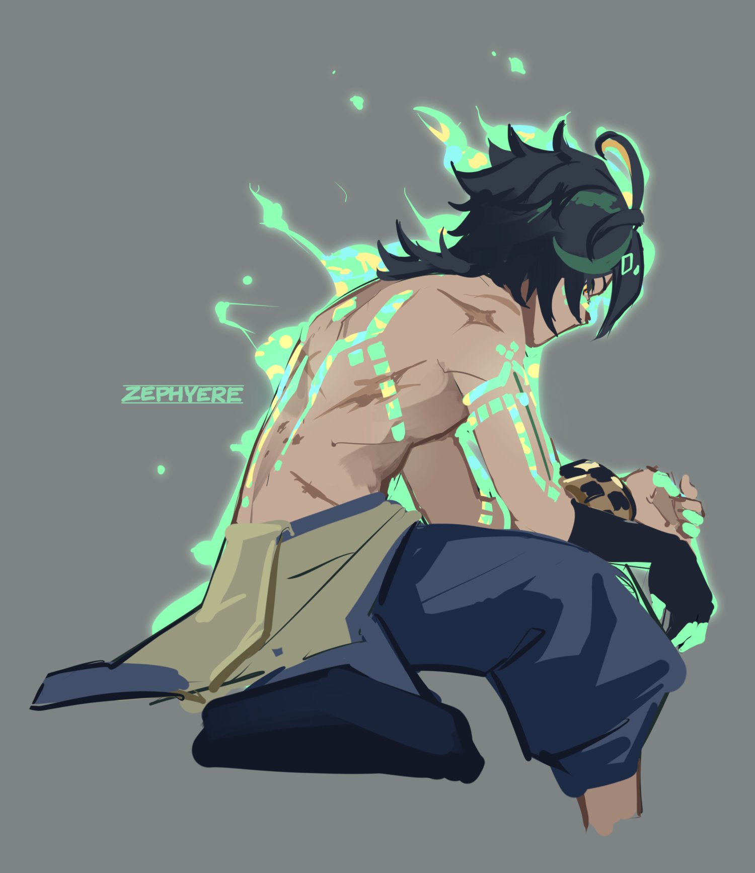 the image is a digital painting or drawing of a stylized male character, likely fanart from a video game or anime.  he's muscular and has dark, somewhat spiky hair.  his skin is tanned and marked with glowing, teal and green, abstract designs that resemble circuit boards or energy flows.  he's wearing loose, dark blue and beige clothing. the character is crouched, and his head is bowed, giving him a somewhat pensive or melancholic expression. the background is a muted grey with splashes of matching green light that seem to emanate from the character, adding to the energy effect. the artist's signature, "zephyere," is subtly placed near the character's back. the overall style is a blend of anime/manga and a more abstract or painterly approach.