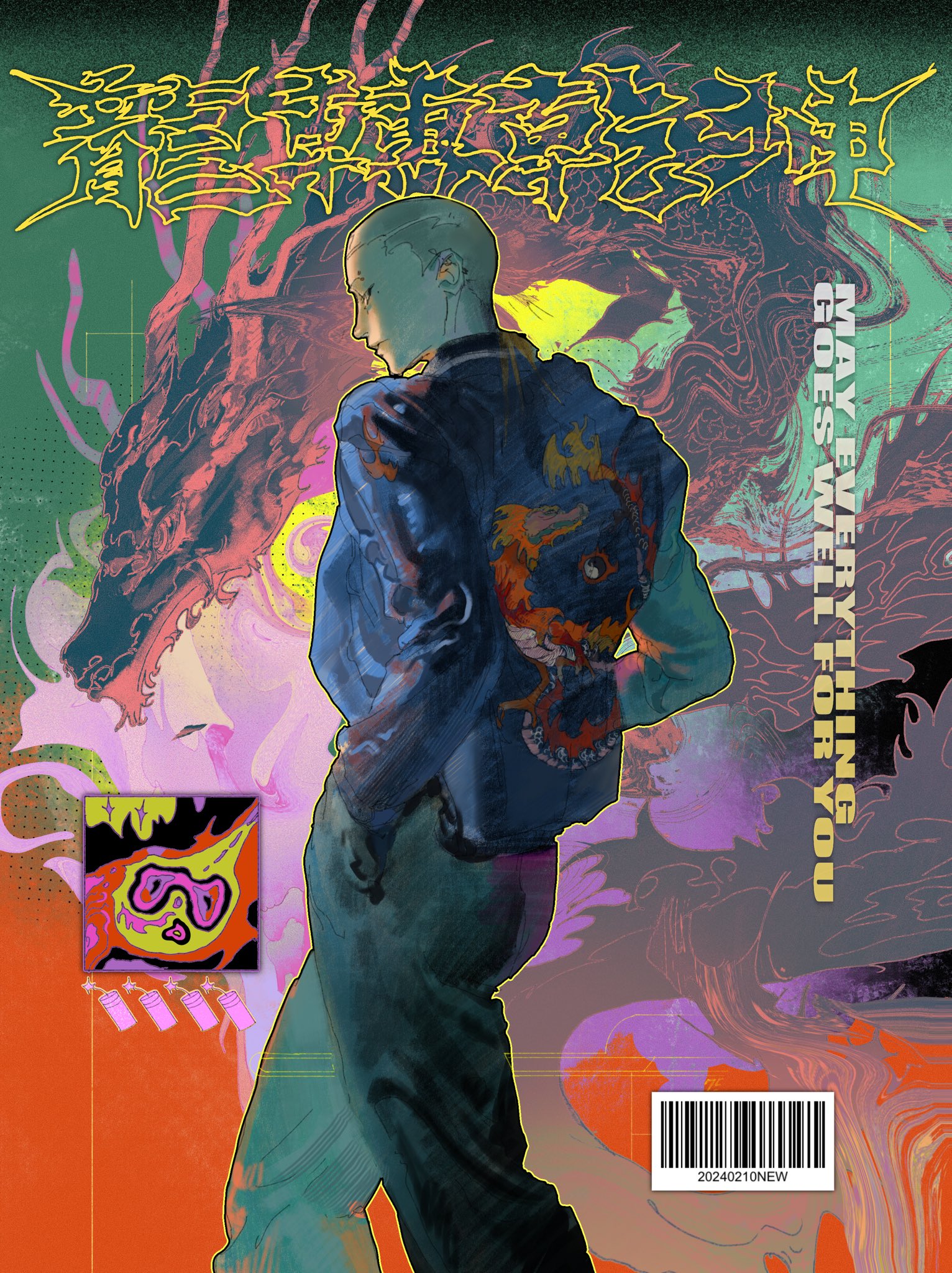 the image features a stylized illustration of a bald, androgynous figure with pale skin standing in a threequarter pose.  they are wearing a blue bomber jacket with a large, intricate design on the back featuring a monstrous face with flames and a smaller patch on the sleeve. the background is a chaotic, colorful blend of abstract shapes and a stylized dragon head, creating a surreal and urban fantasy feel.  the text "may everything goes well for you" runs vertically along the right side.  there is a barcode near the bottom right corner with the code "20240210new" beneath it.  the overall style is bold, graphic, and edgy, with elements of cyberpunk and modern streetwear.