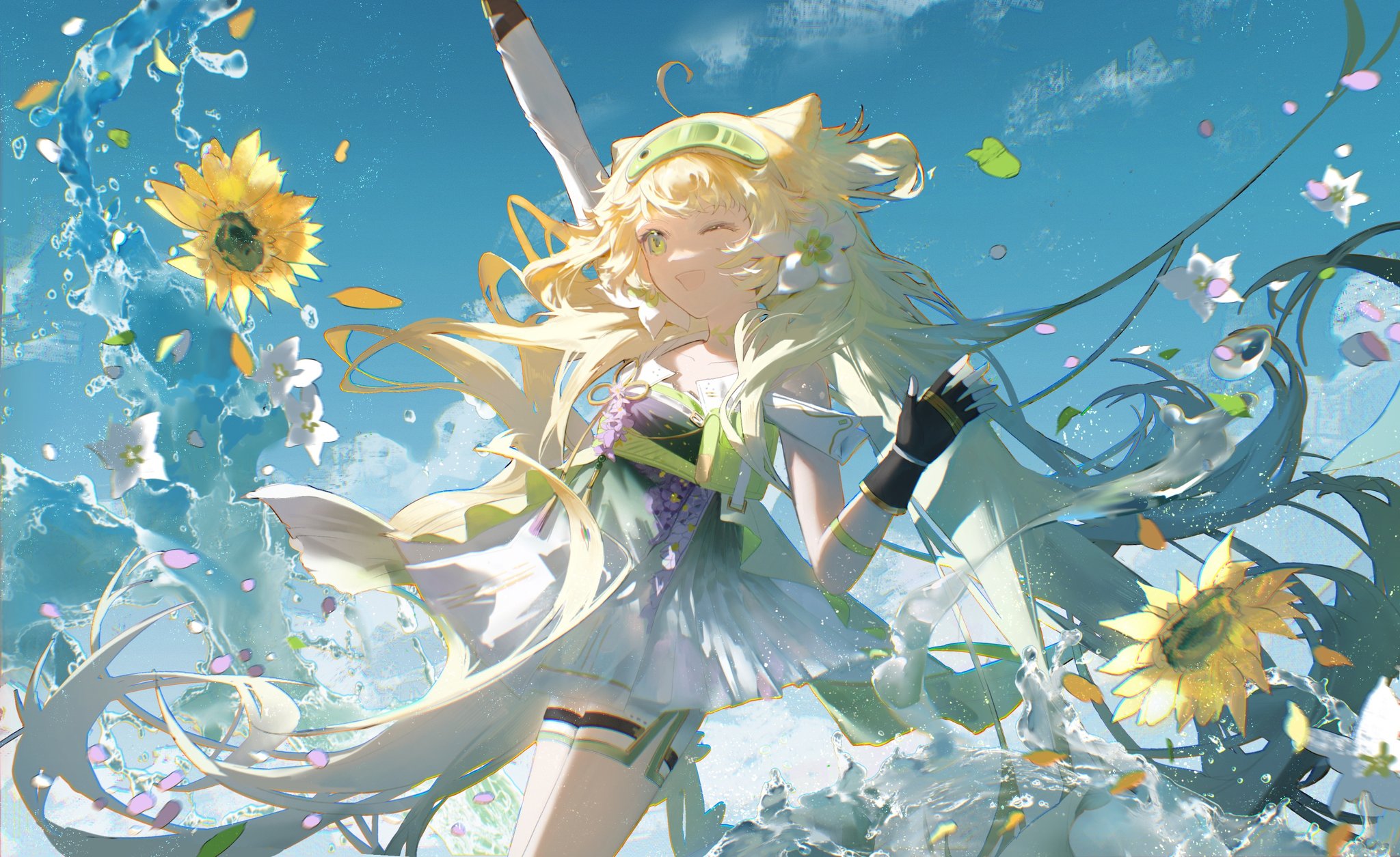 the image is a vibrant digital artwork depicting an animestyle girl with long, flowing blonde hair. she's wearing a white dress with green accents, cat ears, and a headband, and appears to be joyfully leaping or dancing amidst a splash of water.  sunflowers and other white flowers are scattered around her, adding to the summery and whimsical atmosphere. the background is a light blue sky with fluffy clouds. the overall style is dynamic and playful, with a focus on vibrant colors and movement.  the girl's expression is happy, and she winks at the viewer.  the scene suggests a feeling of celebration or unrestrained joy.