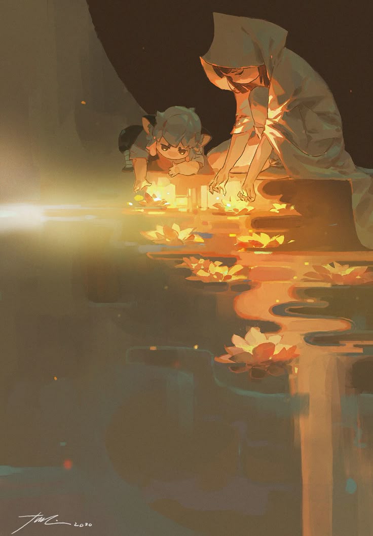 an animestyle digital artwork shows a child and a woman wearing a cloak on a ledge. they are looking at glowing flowers that float on the water. the warm colors and reflection create a serene atmosphere against a dark background.