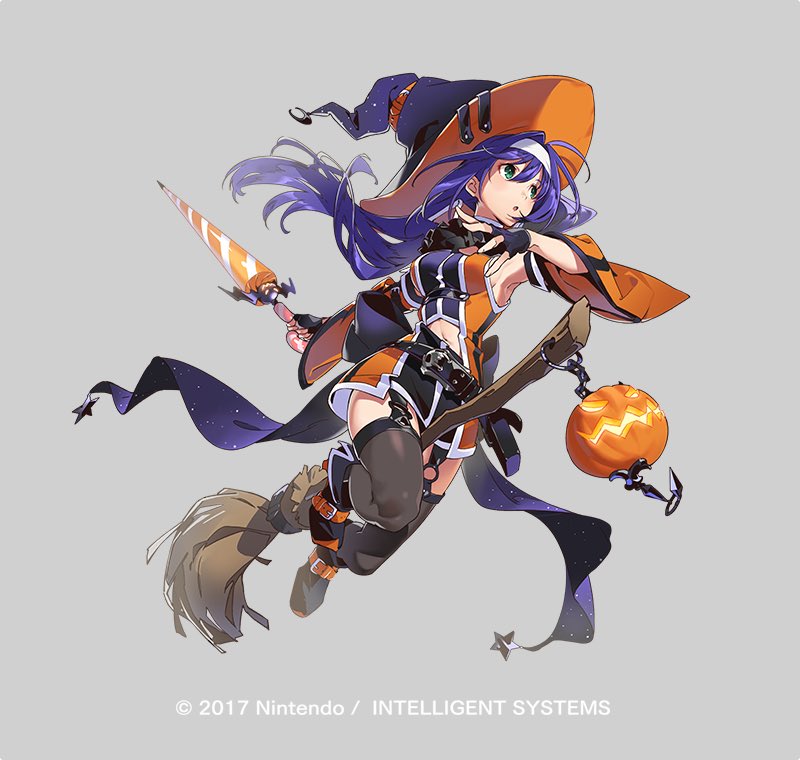 the image showcases a female character, likely from a video game, dressed in a vibrant orange and black witch costume. she's depicted midflight, with a mischievous grin and a confident posture. her long blue hair flows behind her, adding to the dynamism of the pose. she wields a staff topped with a spiral design and holds a broom adorned with a whimsical pumpkin. the background features a scattering of stars, further enhancing the magical ambiance of the illustration. the overall style suggests influences from anime and manga.