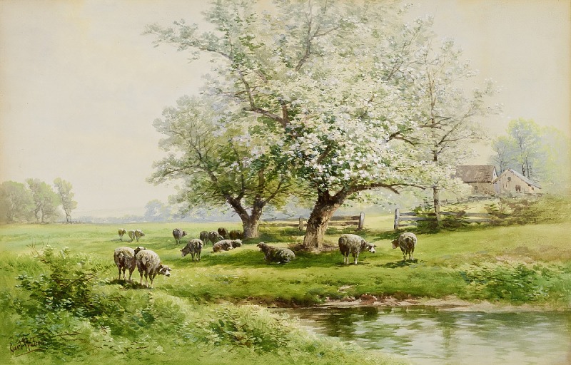 the image is a watercolor painting depicting a pastoral scene. a flock of sheep grazes in a green field beneath blossoming trees, likely in springtime. a pond reflects the light, and a farm building is visible in the background. the painting has a tranquil and serene atmosphere, capturing the beauty of rural life.