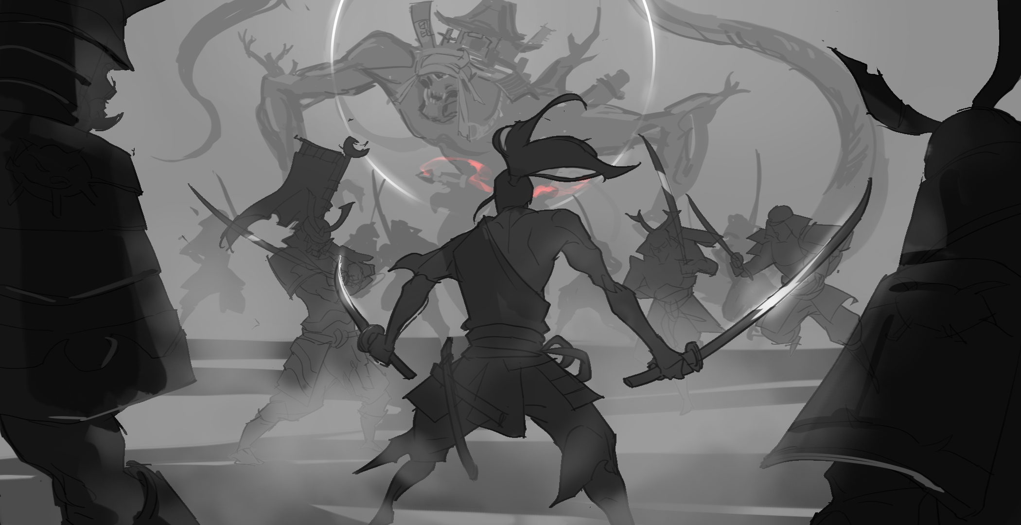 this is a digital sketch of a samurai warrior in the middle of a battle. he has a katana drawn and is facing off against other samurai. the scene is dynamic and full of action. there is a lot of motion blur, suggesting that the action is taking place quickly. the drawing is in a grey scale, which gives the image a sense of realism and intensity.