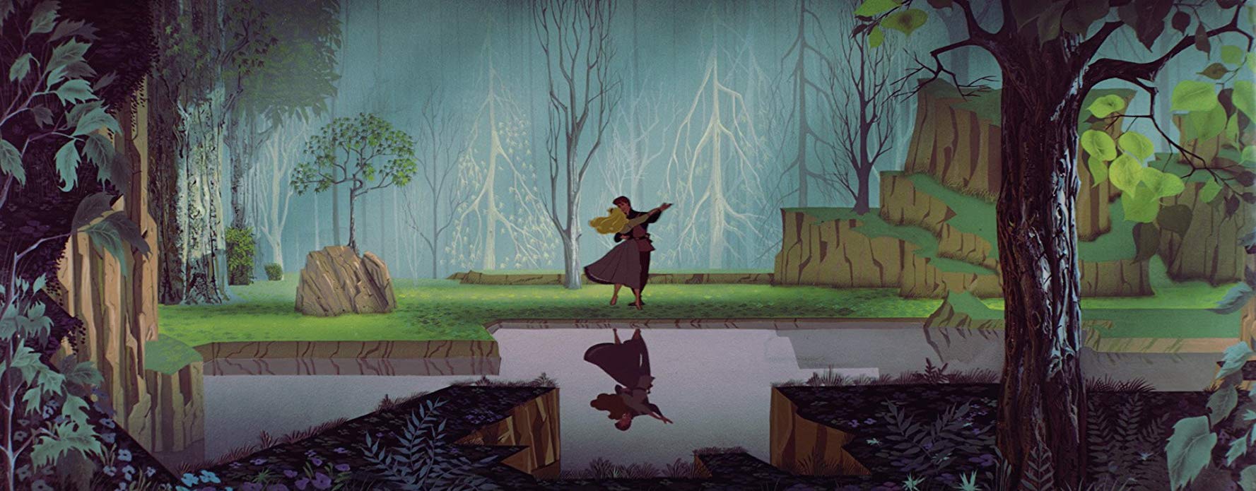 this image depicts a romantic scene from disney's sleeping beauty. prince phillip and princess aurora are dancing in a forest clearing beside a still pond. the soft, diffused lighting creates a magical and ethereal atmosphere. the overall color palette is muted and natural, with shades of green, brown, and blue dominating the scene. aurora's golden hair and dress provide a splash of bright color against the darker background. the image captures the magic and romance of this classic fairytale moment.