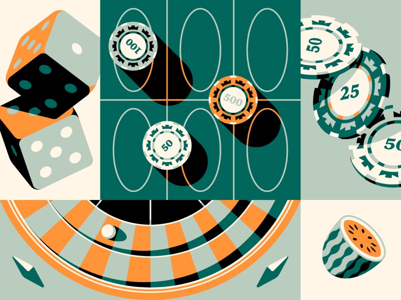the image contains a variety of casinorelated illustrations, including dice, casino chips, a roulette wheel, and a watermelon slice. the color palette includes shades of orange, green, and beige. the imagery suggests themes of gambling, games of chance, and perhaps a touch of luxury or leisure. the casino chips display different values such as 100, 500, 50, and 25. the overall style is somewhat stylized or graphical.