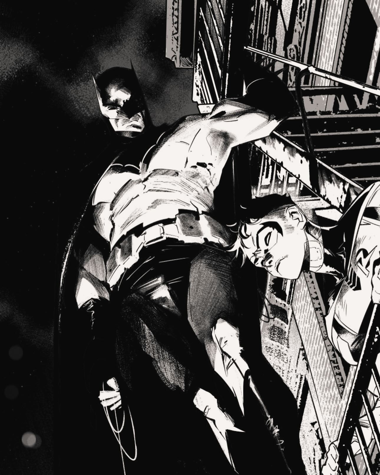 this is a black and white comic book style illustration featuring batman and robin on a rooftop. batman is standing upright with a muscular physique, while robin is positioned lower, closer to the edge of the building. the background shows a detailed cityscape.