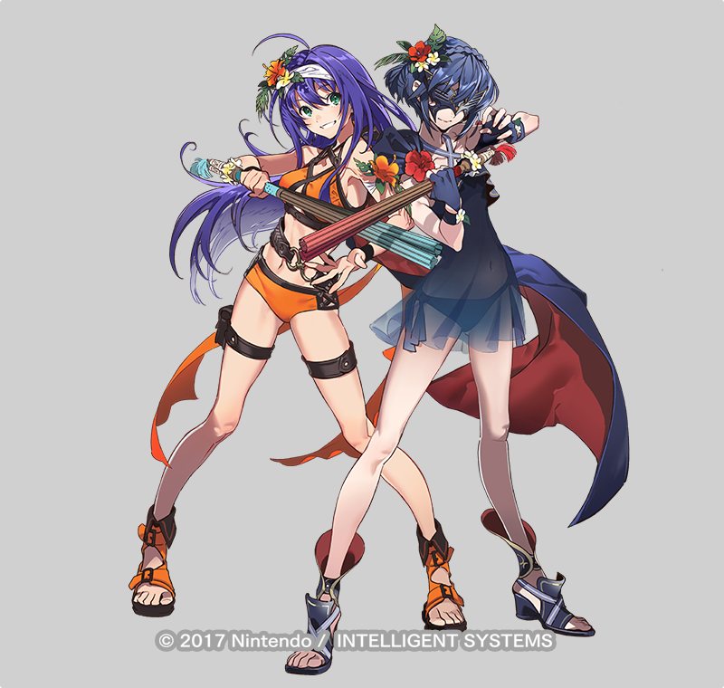 the illustration showcases two female characters against a neutral gray background. both sport vibrant, stylized swimsuits, adorned with floral accents. they are posed dynamically, hinting at action or readiness for combat. their attire blends elements of fantasy and beachwear, contributing to a distinct aesthetic.  the overall color palette is vibrant, with a focus on blues, oranges, and purples. the lighting is soft, avoiding harsh shadows and contributing to the characters' smooth, stylized appearances. the image exudes a sense of energy and strength, emphasizing the characters' confidence and captivating designs.