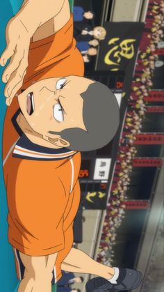 an anime character in an orange jersey is shown from an overhead perspective, diving to save a volleyball. the background is blurred, showing a crowd and the court.