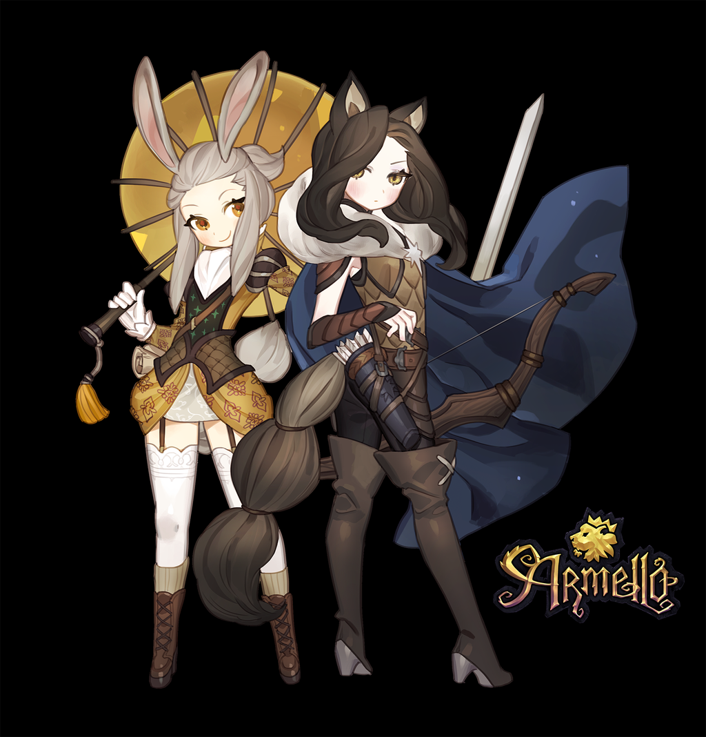 two animestyled girls, one with rabbit ears and a yellow outfit, the other with wolf ears and a blue cloak. the girl with rabbit ears is holding a staff with a small yellow tassel. the girl with wolf ears has a sword and a bow and arrow. in the bottom right corner of the image is the logo for the game armello.