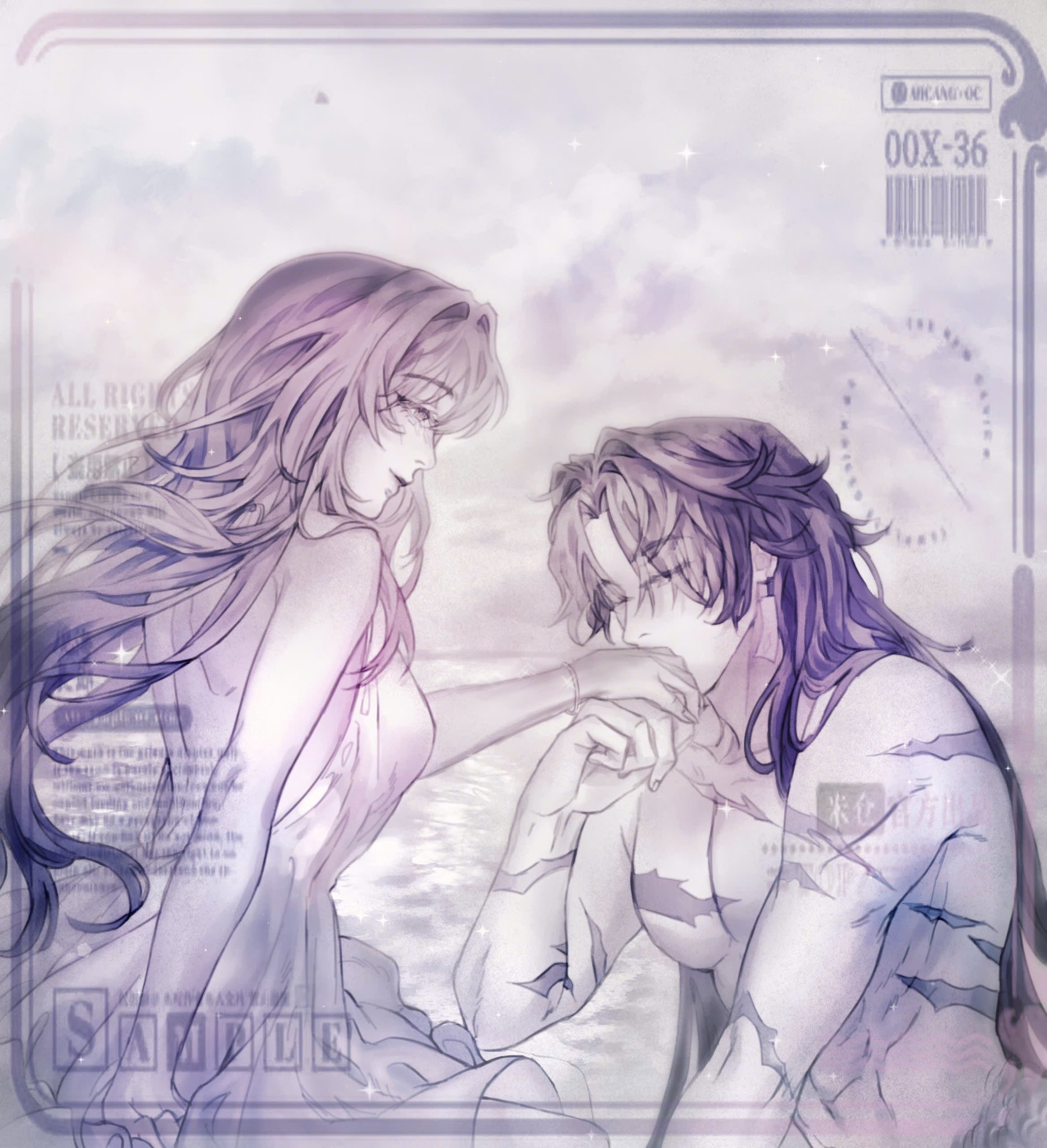 the image is a beautiful and romantic illustration of an anime couple. the female character has long pink hair and is wearing a white dress. she is looking at the male character, who is sitting next to her and looking at her with a tender smile. he has long purple hair and is wearing a blue shirt. the image is set in a dreamy, ethereal atmosphere, with soft focus and a blurry background of clouds and water. the image is full of romantic details, such as the couple's intertwined hands and the way the male character is looking at the female character with adoration. the overall effect is one of love, tenderness, and beauty. the image is drawn in a very soft and dreamy style, with delicate details and a soft color palette. it is a beautiful illustration of a couple's love, and it is sure to evoke feelings of tenderness and warmth.