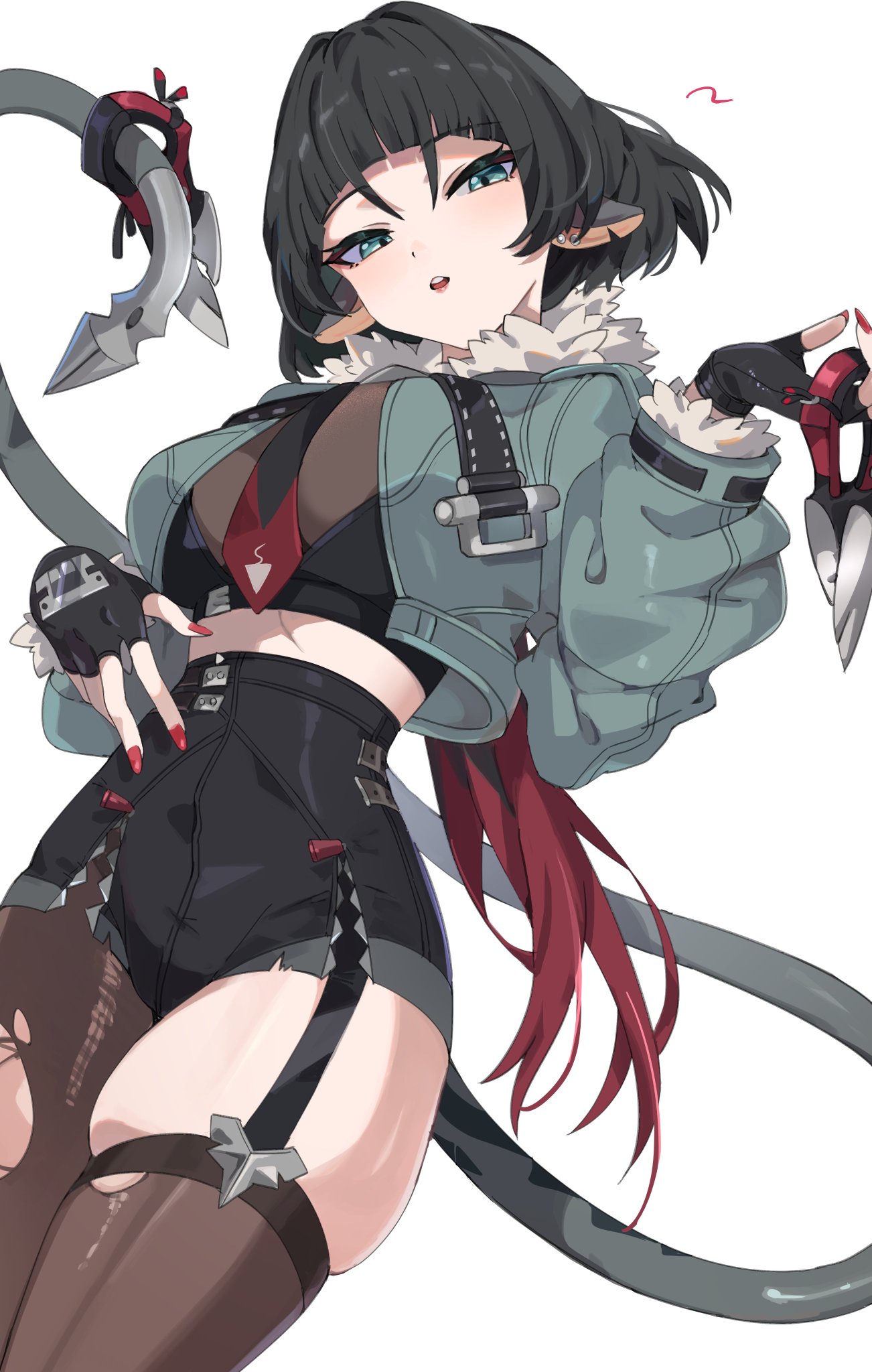 this is a digital art piece of an anime girl character. she is dressed in a black and blue outfit with a red scarf and has a sword strapped to her back. she is also wearing a pair of thighhigh stockings and holding a dagger in her right hand. the character is looking at the viewer.