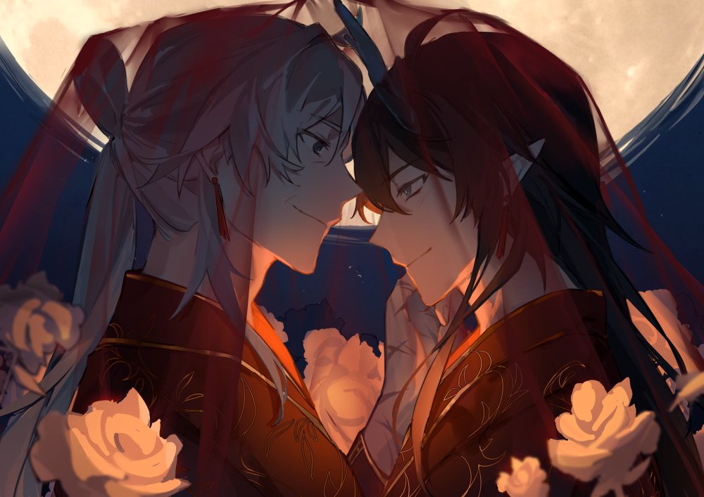 two anime characters are looking at each other with love. the one on the left has long white hair and red eyes, while the one on the right has long black hair and blue eyes. they are wearing traditional red and white clothes with a veil above them. the background shows a full moon at night, with a sky full of stars.
